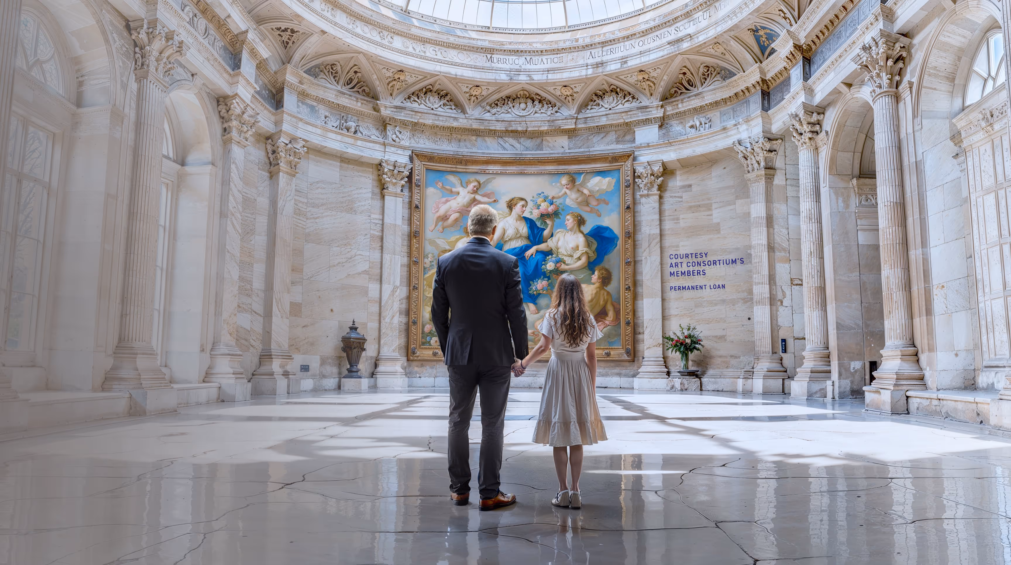 A man and a little girl standing in a building.